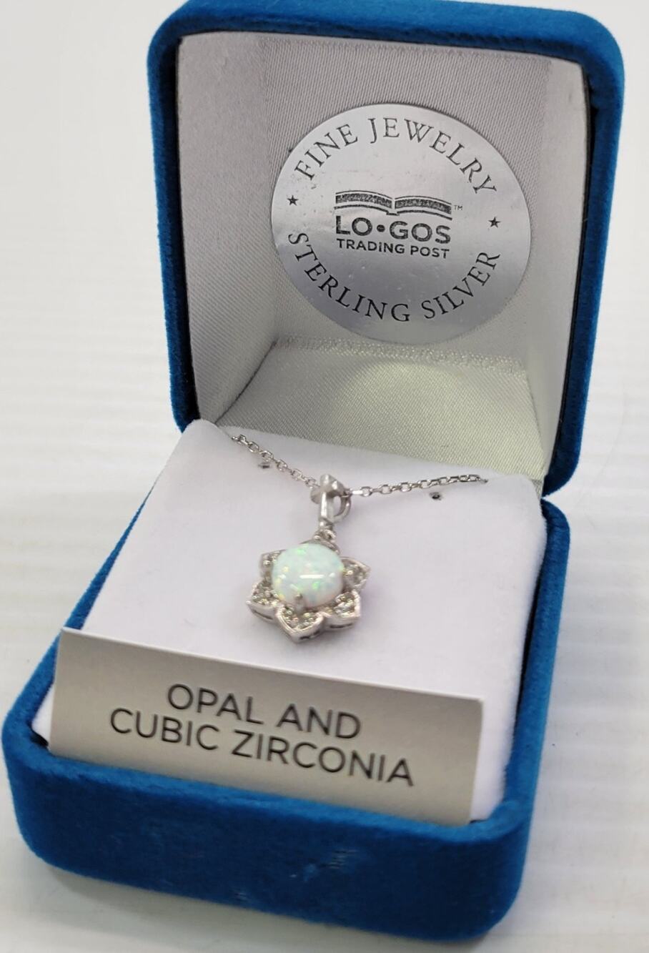 *B7) Sterling Silver Flower White Opal Cubic Zirconia Cross Pendant and Chain